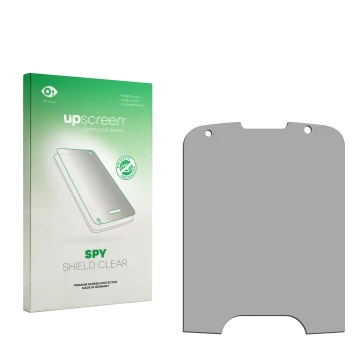 Vorderseite einer Produktverpackung mit dem Markenlogo upscreen. Daneben ist der zugehörige Displayschutz.