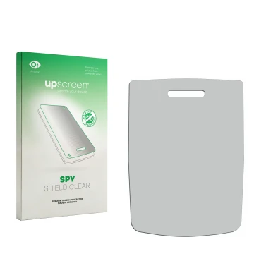 Vorderseite einer Produktverpackung mit dem Markenlogo upscreen. Daneben ist der zugehörige Displayschutz.