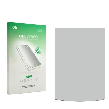 Vorderseite einer Produktverpackung mit dem Markenlogo upscreen. Daneben ist der zugehörige Displayschutz.
