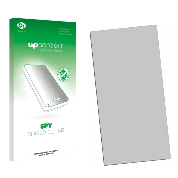 Vorderseite einer Produktverpackung mit dem Markenlogo upscreen. Daneben ist der zugehörige Displayschutz.