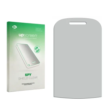 Vorderseite einer Produktverpackung mit dem Markenlogo upscreen. Daneben ist der zugehörige Displayschutz.