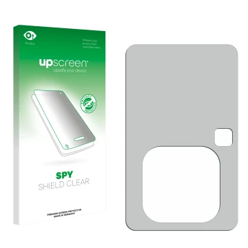 Vorderseite einer Produktverpackung mit dem Markenlogo upscreen. Daneben ist der zugehörige Displayschutz.