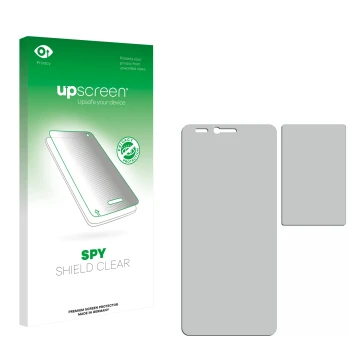 Vorderseite einer Produktverpackung mit dem Markenlogo upscreen. Daneben ist der zugehörige Displayschutz.