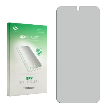 Vorderseite einer Produktverpackung mit dem Markenlogo upscreen. Daneben ist der zugehörige Displayschutz.