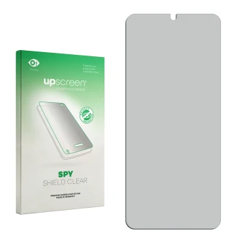 Vorderseite einer Produktverpackung mit dem Markenlogo upscreen. Daneben ist der zugehörige Displayschutz.