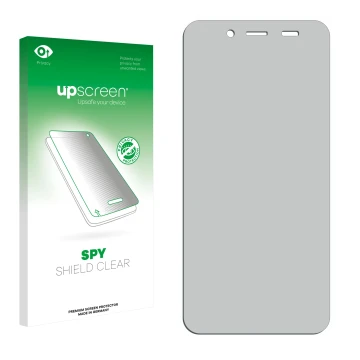 Vorderseite einer Produktverpackung mit dem Markenlogo upscreen. Daneben ist der zugehörige Displayschutz.