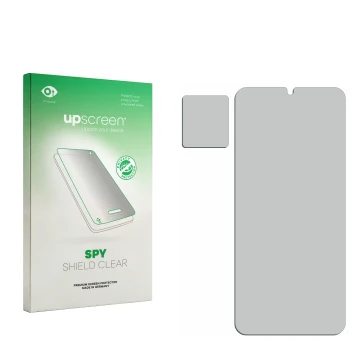 Vorderseite einer Produktverpackung mit dem Markenlogo upscreen. Daneben ist der zugehörige Displayschutz.