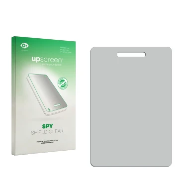 Vorderseite einer Produktverpackung mit dem Markenlogo upscreen. Daneben ist der zugehörige Displayschutz.