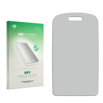 Vorderseite einer Produktverpackung mit dem Markenlogo upscreen. Daneben ist der zugehörige Displayschutz.