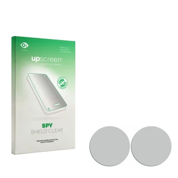 Vorderseite einer Produktverpackung mit dem Markenlogo upscreen. Daneben ist der zugehörige Displayschutz.
