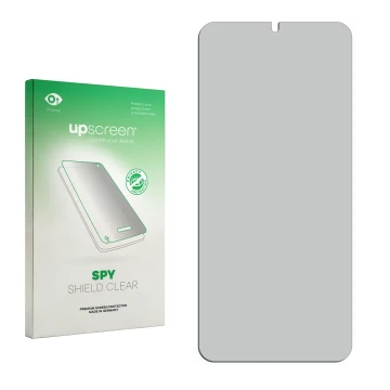 Vorderseite einer Produktverpackung mit dem Markenlogo upscreen. Daneben ist der zugehörige Displayschutz.