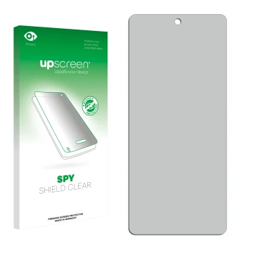 Vorderseite einer Produktverpackung mit dem Markenlogo upscreen. Daneben ist der zugehörige Displayschutz.