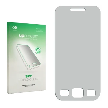 Vorderseite einer Produktverpackung mit dem Markenlogo upscreen. Daneben ist der zugehörige Displayschutz.