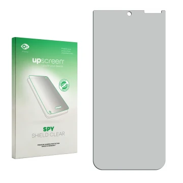 Vorderseite einer Produktverpackung mit dem Markenlogo upscreen. Daneben ist der zugehörige Displayschutz.