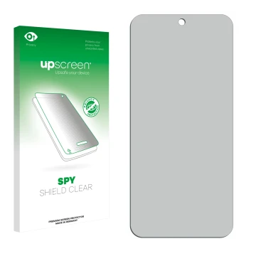 Vorderseite einer Produktverpackung mit dem Markenlogo upscreen. Daneben ist der zugehörige Displayschutz.