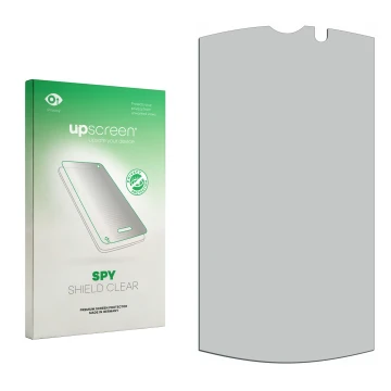 Vorderseite einer Produktverpackung mit dem Markenlogo upscreen. Daneben ist der zugehörige Displayschutz.