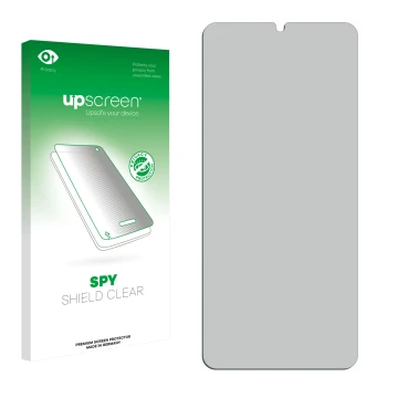 Vorderseite einer Produktverpackung mit dem Markenlogo upscreen. Daneben ist der zugehörige Displayschutz.