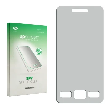 Vorderseite einer Produktverpackung mit dem Markenlogo upscreen. Daneben ist der zugehörige Displayschutz.