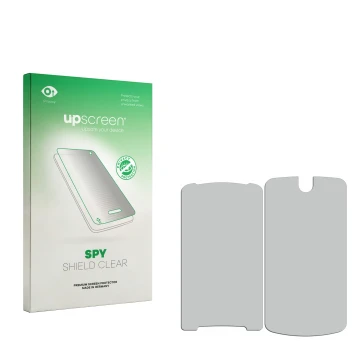 Vorderseite einer Produktverpackung mit dem Markenlogo upscreen. Daneben ist der zugehörige Displayschutz.