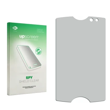 Vorderseite einer Produktverpackung mit dem Markenlogo upscreen. Daneben ist der zugehörige Displayschutz.