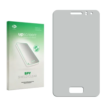 Vorderseite einer Produktverpackung mit dem Markenlogo upscreen. Daneben ist der zugehörige Displayschutz.