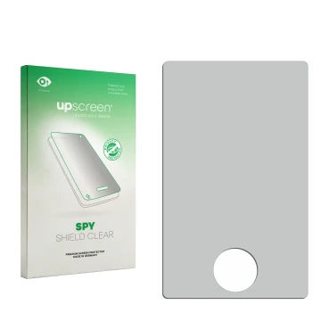 Vorderseite einer Produktverpackung mit dem Markenlogo upscreen. Daneben ist der zugehörige Displayschutz.
