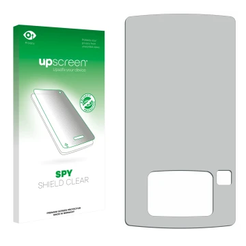 Vorderseite einer Produktverpackung mit dem Markenlogo upscreen. Daneben ist der zugehörige Displayschutz.