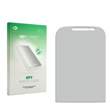 Vorderseite einer Produktverpackung mit dem Markenlogo upscreen. Daneben ist der zugehörige Displayschutz.