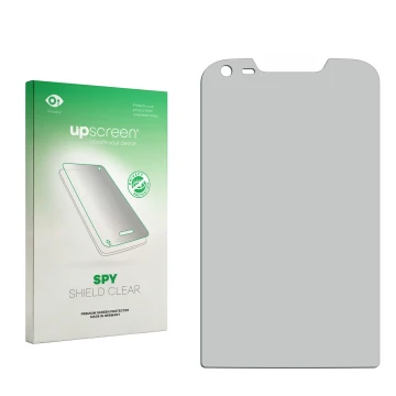 Vorderseite einer Produktverpackung mit dem Markenlogo upscreen. Daneben ist der zugehörige Displayschutz.