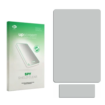 Vorderseite einer Produktverpackung mit dem Markenlogo upscreen. Daneben ist der zugehörige Displayschutz.