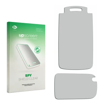 Vorderseite einer Produktverpackung mit dem Markenlogo upscreen. Daneben ist der zugehörige Displayschutz.