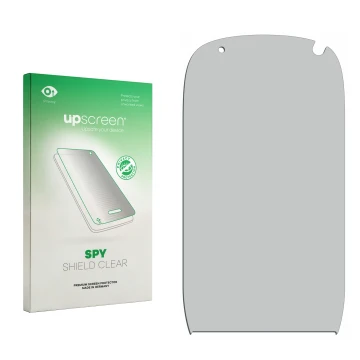 Vorderseite einer Produktverpackung mit dem Markenlogo upscreen. Daneben ist der zugehörige Displayschutz.