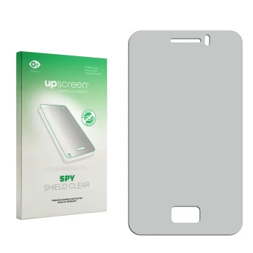 Vorderseite einer Produktverpackung mit dem Markenlogo upscreen. Daneben ist der zugehörige Displayschutz.