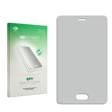 Vorderseite einer Produktverpackung mit dem Markenlogo upscreen. Daneben ist der zugehörige Displayschutz.