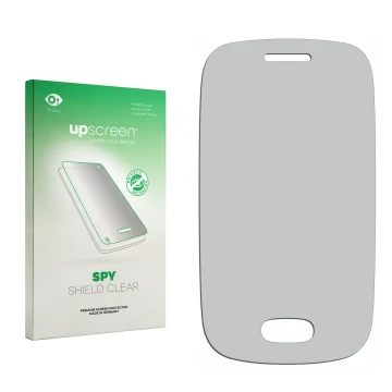 Vorderseite einer Produktverpackung mit dem Markenlogo upscreen. Daneben ist der zugehörige Displayschutz.