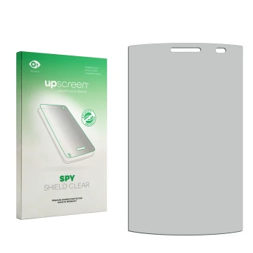 Vorderseite einer Produktverpackung mit dem Markenlogo upscreen. Daneben ist der zugehörige Displayschutz.