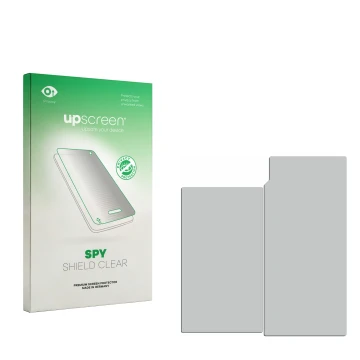 Vorderseite einer Produktverpackung mit dem Markenlogo upscreen. Daneben ist der zugehörige Displayschutz.