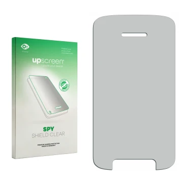 Vorderseite einer Produktverpackung mit dem Markenlogo upscreen. Daneben ist der zugehörige Displayschutz.