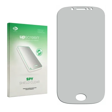 Vorderseite einer Produktverpackung mit dem Markenlogo upscreen. Daneben ist der zugehörige Displayschutz.