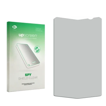 Vorderseite einer Produktverpackung mit dem Markenlogo upscreen. Daneben ist der zugehörige Displayschutz.