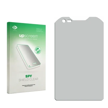 Vorderseite einer Produktverpackung mit dem Markenlogo upscreen. Daneben ist der zugehörige Displayschutz.