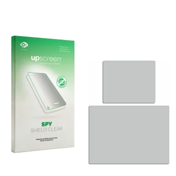 Vorderseite einer Produktverpackung mit dem Markenlogo upscreen. Daneben ist der zugehörige Displayschutz.