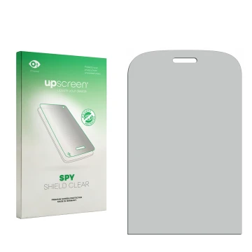 Vorderseite einer Produktverpackung mit dem Markenlogo upscreen. Daneben ist der zugehörige Displayschutz.