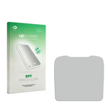 Vorderseite einer Produktverpackung mit dem Markenlogo upscreen. Daneben ist der zugehörige Displayschutz.