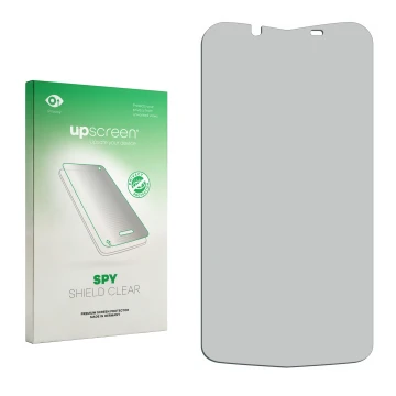 Vorderseite einer Produktverpackung mit dem Markenlogo upscreen. Daneben ist der zugehörige Displayschutz.