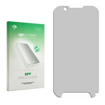 Vorderseite einer Produktverpackung mit dem Markenlogo upscreen. Daneben ist der zugehörige Displayschutz.
