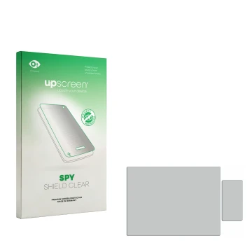 Vorderseite einer Produktverpackung mit dem Markenlogo upscreen. Daneben ist der zugehörige Displayschutz.