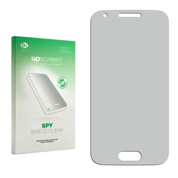 Vorderseite einer Produktverpackung mit dem Markenlogo upscreen. Daneben ist der zugehörige Displayschutz.