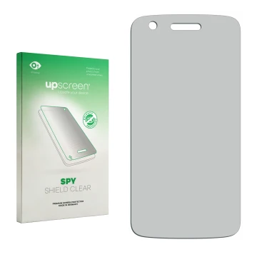 Vorderseite einer Produktverpackung mit dem Markenlogo upscreen. Daneben ist der zugehörige Displayschutz.