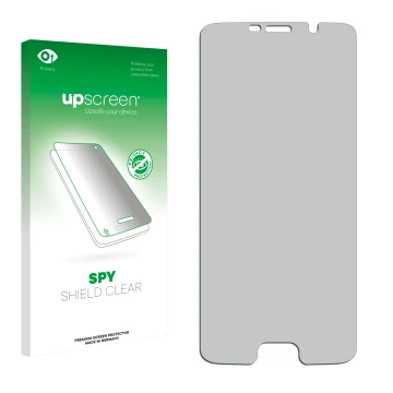 Vorderseite einer Produktverpackung mit dem Markenlogo upscreen. Daneben ist der zugehörige Displayschutz.